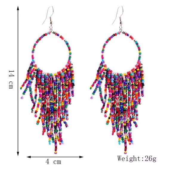 NEW Boho Multi Color Beaded Tassel Dangle 5" Summer Earrings - Great Gift - Picture 2 of 4